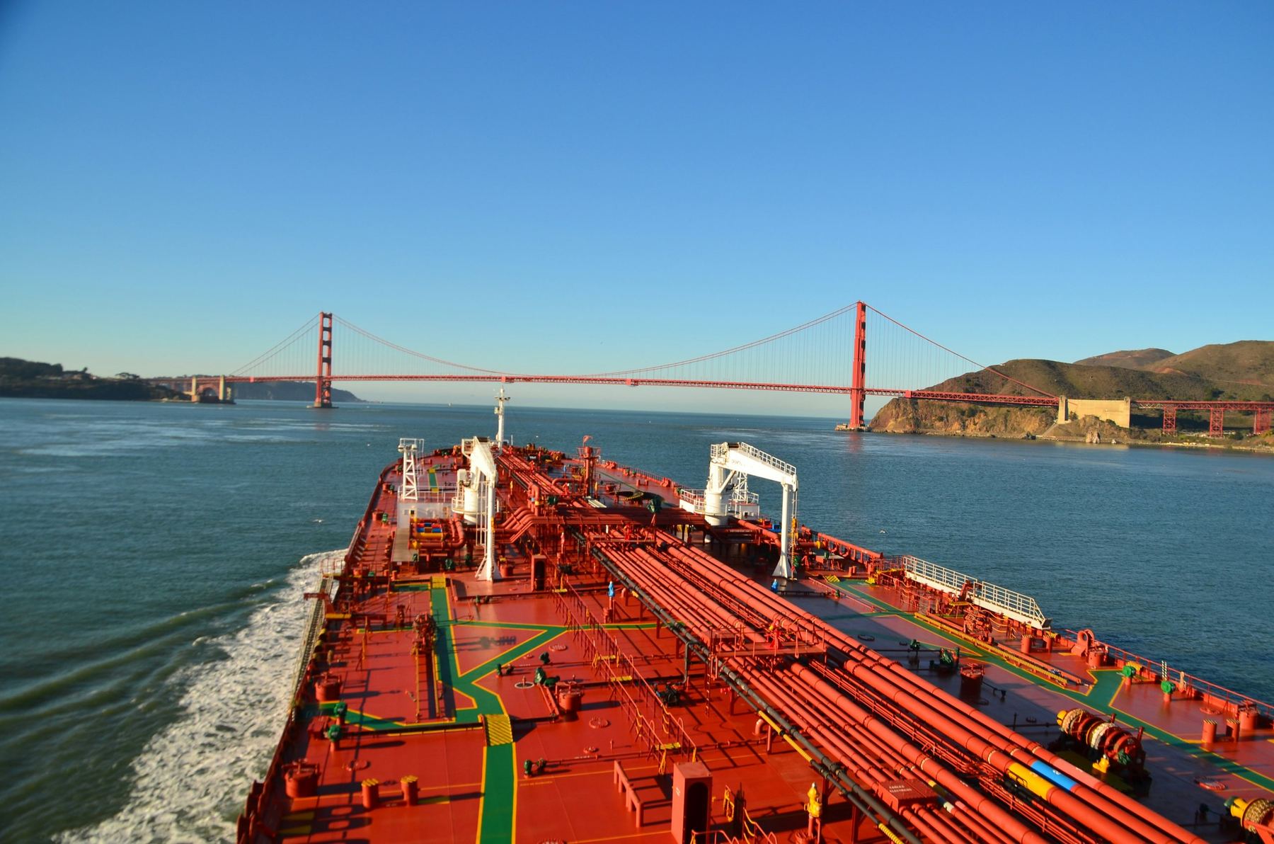 A tanker deck and pipework underway toward the Golden Gate Bridge